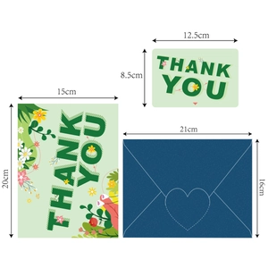 Detailed size comparison of 3D floral thank you cards and blue heart-cutout envelope