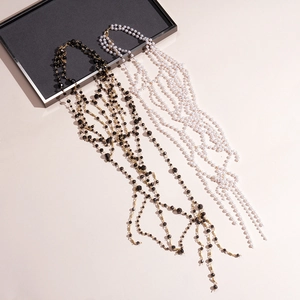 Elegant multi-layer beaded body chains with white faux pearls and black crystals