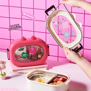 Cute bunny-eared bento box with 304 stainless steel compartments and portable handle