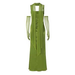 Detail of olive green satin dress with flowing tulle cape and sheer mesh gloves