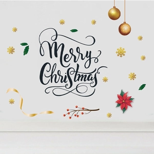 Détail de stickers muraux de Noël avec texte Merry Christmas et flocons dorés