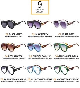 Nine color options for oversized aviator sunglasses featuring various frames and lens shades