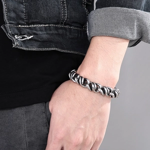 Vintage punk braided twist stainless steel bracelet for men in antique silver finish