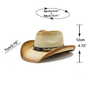 Western straw cowboy hat with turquoise bull badge and size measurement details