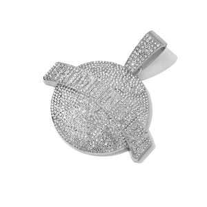 Hip hop silver round pendant with diagonal banner fully paved in sparkling cubic zirconia