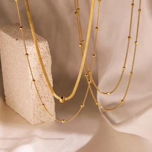 Minimalist double layer gold plated stainless steel snake chain and bead necklace for women