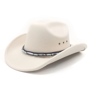 Detail of western cowboy hat featuring turquoise beaded ethnic band and metal eyelets