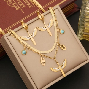 Layered Stainless Steel Necklace And Earrings Jewelry With Winged Cross Rhinestone Evil Eye Turquoise Gothic For Women