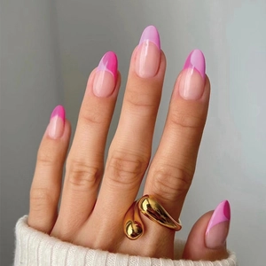 Faux Ongles À Presser Forme Amande Style Français Bloc De Couleur Rose Violet Acrylique Brillant Pour Femmes Manucure Élégante