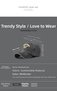 Detailed size specifications for adjustable washed cotton baseball cap with embroidery