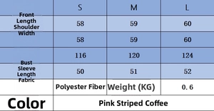 Tabella taglie dettagliata per cardigan in maglia a righe con misure di busto e lunghezza