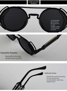 Detail of steampunk round sunglasses showing metal spring hinges and ergonomic nose pads