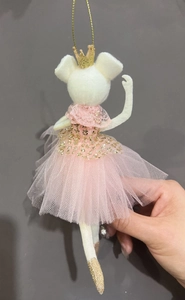Detail showing a white felt mouse ballerina pendant with pink tulle and gold crown