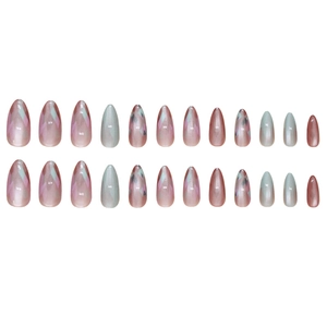 24-piece pink almond press-on nails with marble texture and geometric shimmer finish
