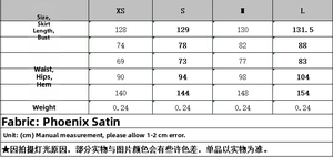 Size chart for women's satin slip dress detailing XS to L measurements in centimeters