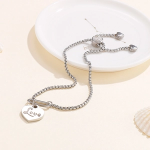 Adjustable stainless steel chain bracelet with Love heart charm and zircon slider clasp