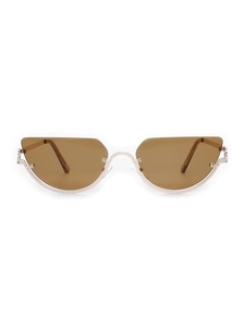 Detail of semi-rimless cat-eye sunglasses with gold metal frame and brown resin lenses