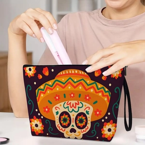 Trousse De Maquillage Crâne En Sucre Jour Des Morts Organisateur De Voyage En Lin Avec Fermeture Éclair Pochette Cosmétique