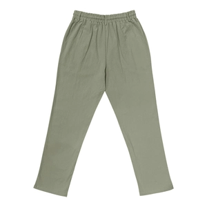 Detail shot of olive green cotton linen trousers showing elastic waist and fabric texture