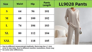 Detailed size chart for women's V-neck knit set and straight-leg casual pants