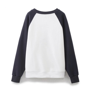 Classic white and black raglan sleeve sweatshirt with embroidered text and ribbed cuffs