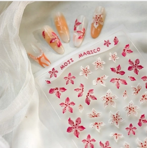 Pink and white gradient cherry blossom nail stickers with floral patterns on lace background