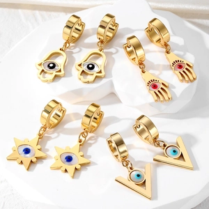Evil Eye Hamsa Hand Hoop Dangle Earrings Stainless Steel Gold Plated Geometric Triangle Star Hip Hop Bohemian Jewelry Women Men
