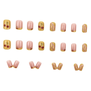 French style cherry pattern and yellow plaid press-on nails 24pcs set in short round shape