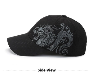 Side view of black mesh baseball cap with gray dragon print and breathable quick-dry fabric