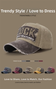Détail de casquettes de baseball vintage avec broderie ROCK FEATURES en cinq couleurs assorties