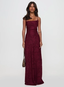 Detail of burgundy slip maxi dress showing jacquard floral texture and cowl neckline