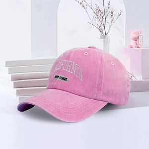 Detail of pink washed cotton baseball cap with California West Coast embroidery