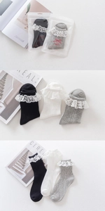 Detailed view of women's lace trim ankle socks in black, white and grey cotton blend