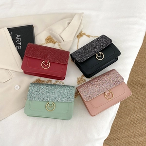 Women Sequin PU Leather Crossbody Bag Small Square Shoulder Bag With Gold Chain Strap And Metal Ring Buckle Stylish Trendy