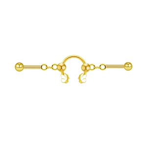 Detail eines Gold-Titanstahl-Industrie-Barbells mit weißen Emaille-Schmetterlingen