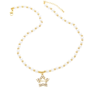 Detail of star pendant with Mama lettering and pearls on gold necklace for women