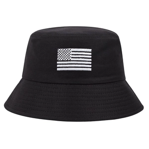 Black cotton bucket hat featuring white embroidered USA flag for outdoor sports wear
