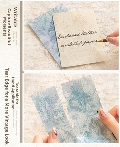 Detailed macro of embossed texture paper with vintage blue floral patterns for journaling