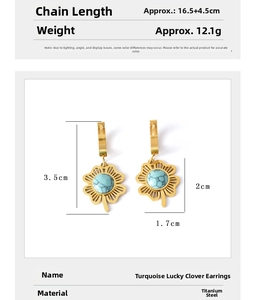 Detailed view of turquoise clover earrings in gold titanium steel with size specifications