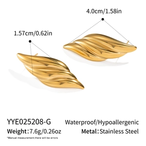Detail view of gold wavy stainless steel earrings with dimensions 4.0cm and weight specs