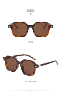 Front and side view of tortoiseshell square frame sunglasses with retro classic design