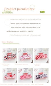 Size chart for heart print hair claw clips in large, medium, and small plastic versions