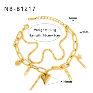 Detail view of gold layered bracelet with heart and star charms showing size specifications
