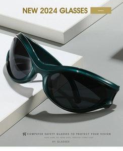 Modern Y2K sports sunglasses on geometric blocks showing dark green glossy frames