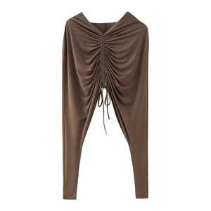Women's brown slim fit leggings with front ruched drawstring detail on white background