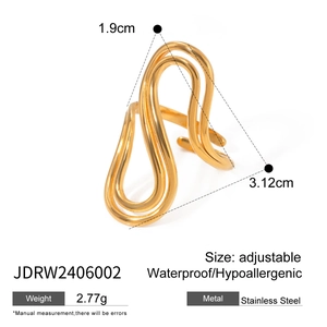 Adjustable golden stainless steel wavy open ring, waterproof and hypoallergenic for women