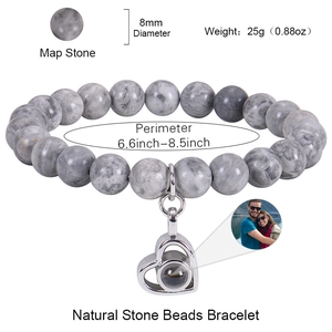 Bracelet en pierre de carte 8mm avec pendentif de projection photo en forme de cœur