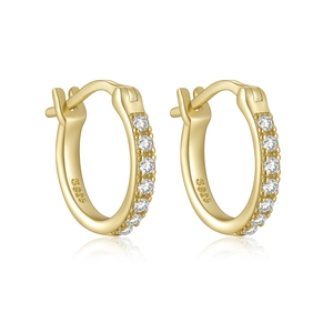 Macro view of gold S925 silver huggie earrings with a row of clear cubic zirconia