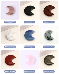Detailed grid of 9 crescent moon crystals including rose quartz and obsidian stones
