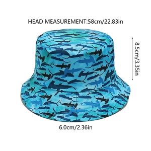 Blue ocean style bucket hat with whale and shark print including size dimensions